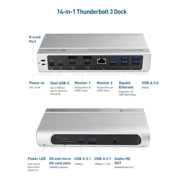 Cable Matters Hybrid Thunderbolt 3 Docking Station Dock 96W 14-in-1 107044 - Picture 6 of 6